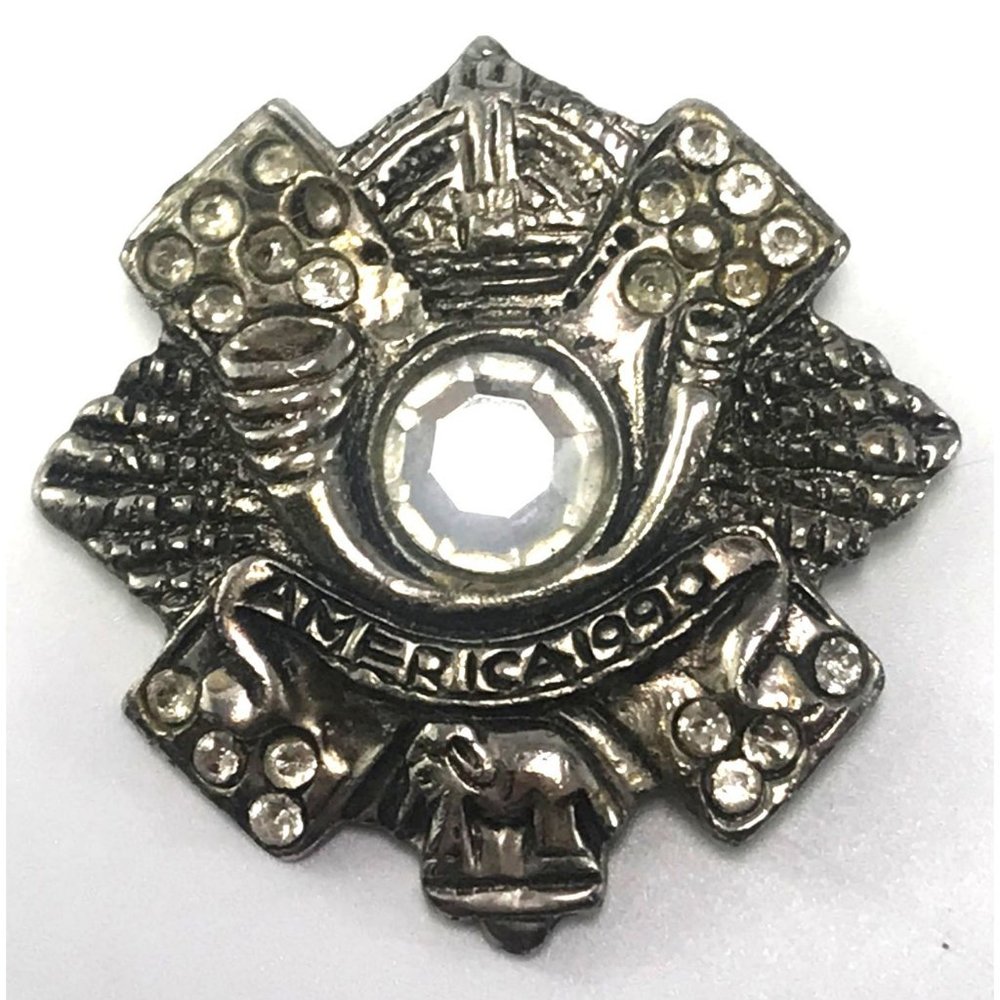 Vintage Antiqued Silver Tone America 1990 Brooch Pin Elephant Crown Rhinestones - Picture 1 of 3